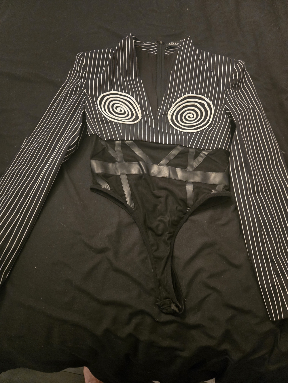 AKIRA Black Pinstripe Long Sleeve Bodysuit with White Spiral Appliqué - Picture 2 of 10
